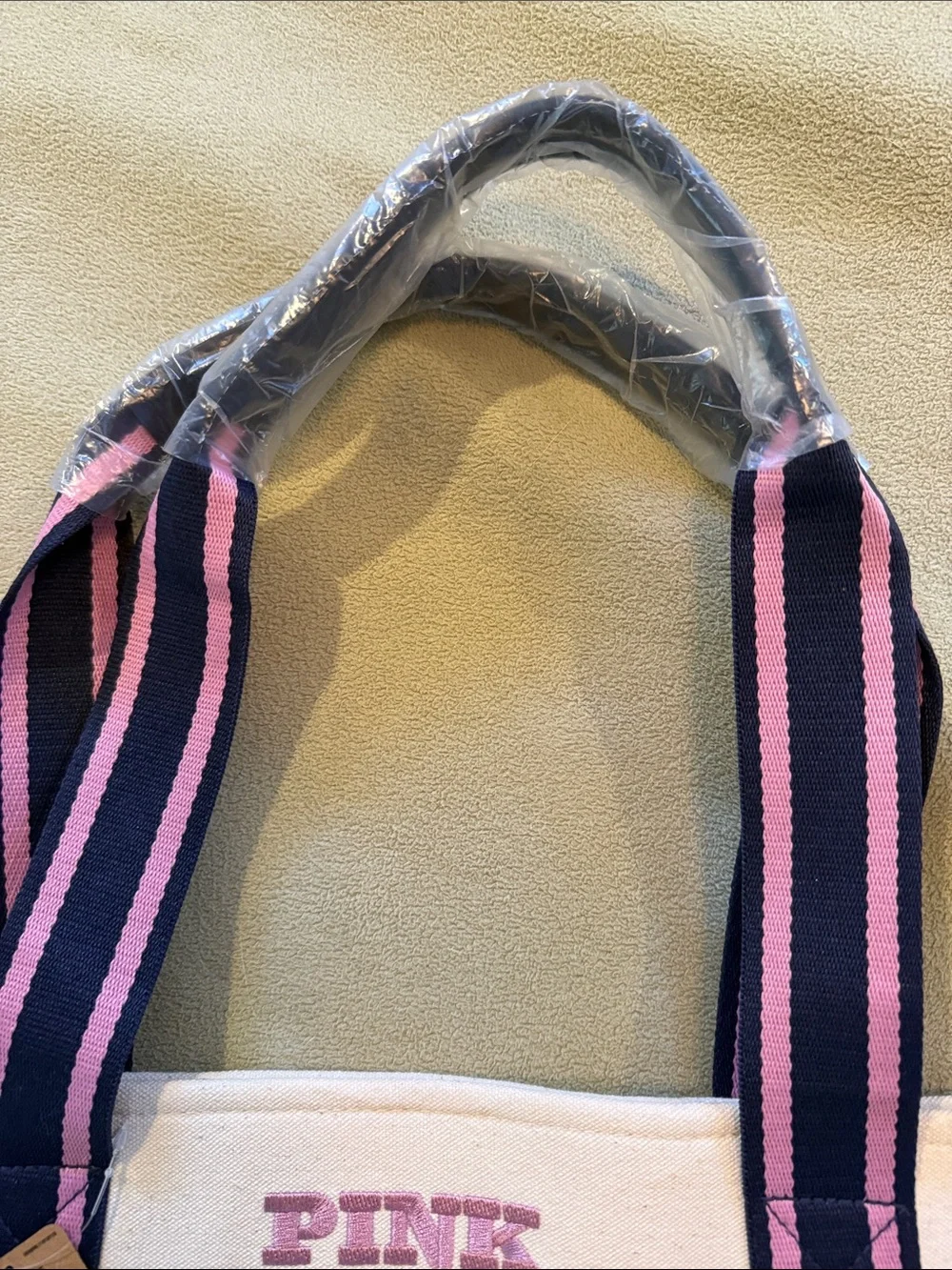 PINK Victoria's Secret Cream Canvas Tote with Pink & Black Straps